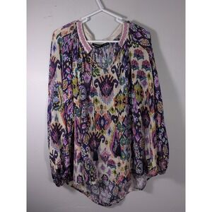 Tolani Tunic Blouse Top Multi Print Long  Sleeve Boho‎ Size Large